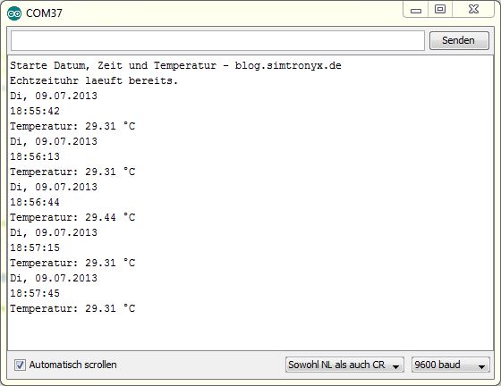 DS1307 RTC and DS18B20 temperature measurement - Serial Monitor - blog.simtronyx.de