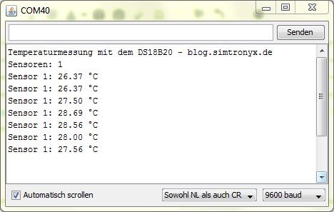 Temperaturmessung mit einem oder mehreren DS18B20 und einem Arduino - Serieller Monitor 1 Sensor - blog.simtronyx.de